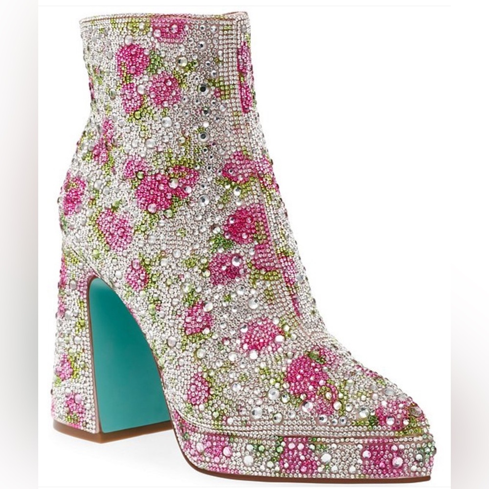 Betsey Johnson Pink Crystal Floral Platform Ankle Boots